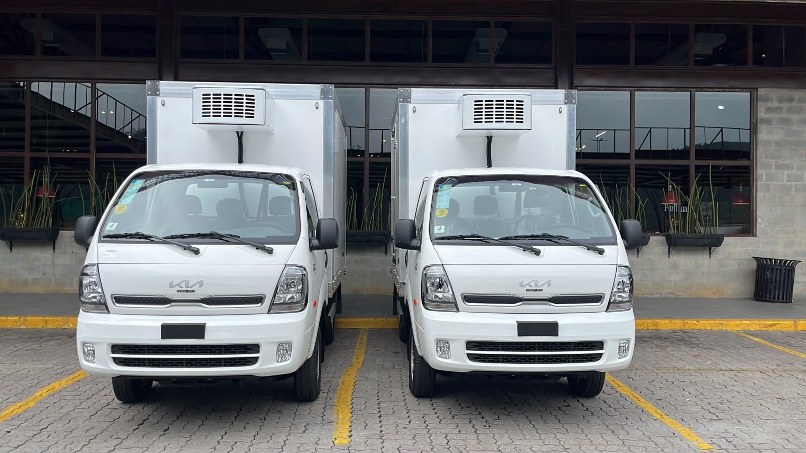 Vista frontal de dois Kia Bongo com baú refrigerado